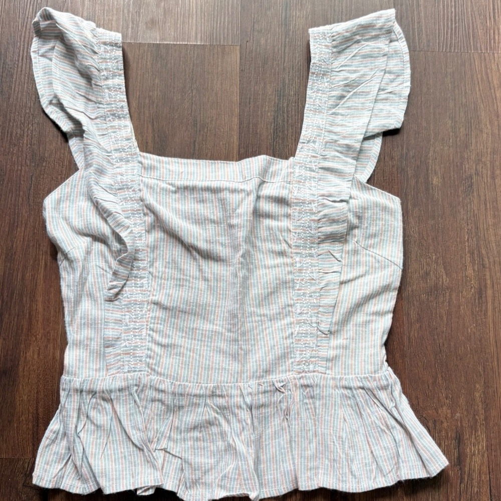 Cottagecore Pastel Striped Ruffle Smocked Peplum Embroidered Tank Top Size M